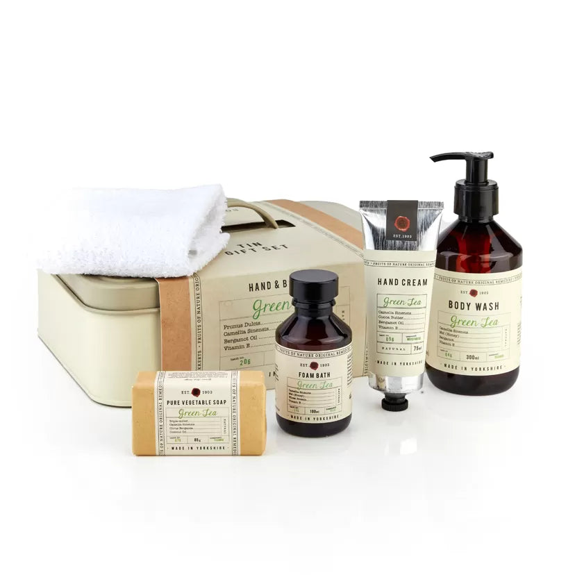 Green Tea Luxury Tin Gift Set (Hand & Body Wash, Hand Cream, Foam Bath, Soap Bar and Flannel) - The Great Yorkshire Shop