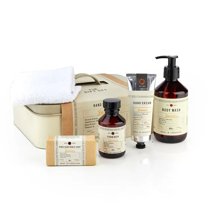 Jasmine Luxury Tin Gift Set (Hand & Body Wash, Hand Cream, Foam Bath, Soap and Flannel) - The Great Yorkshire Shop