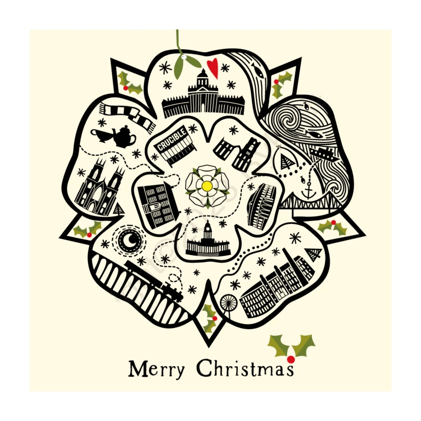 Yorkshire Rose Illustration Cream Christmas Card - The Great Yorkshire Shop