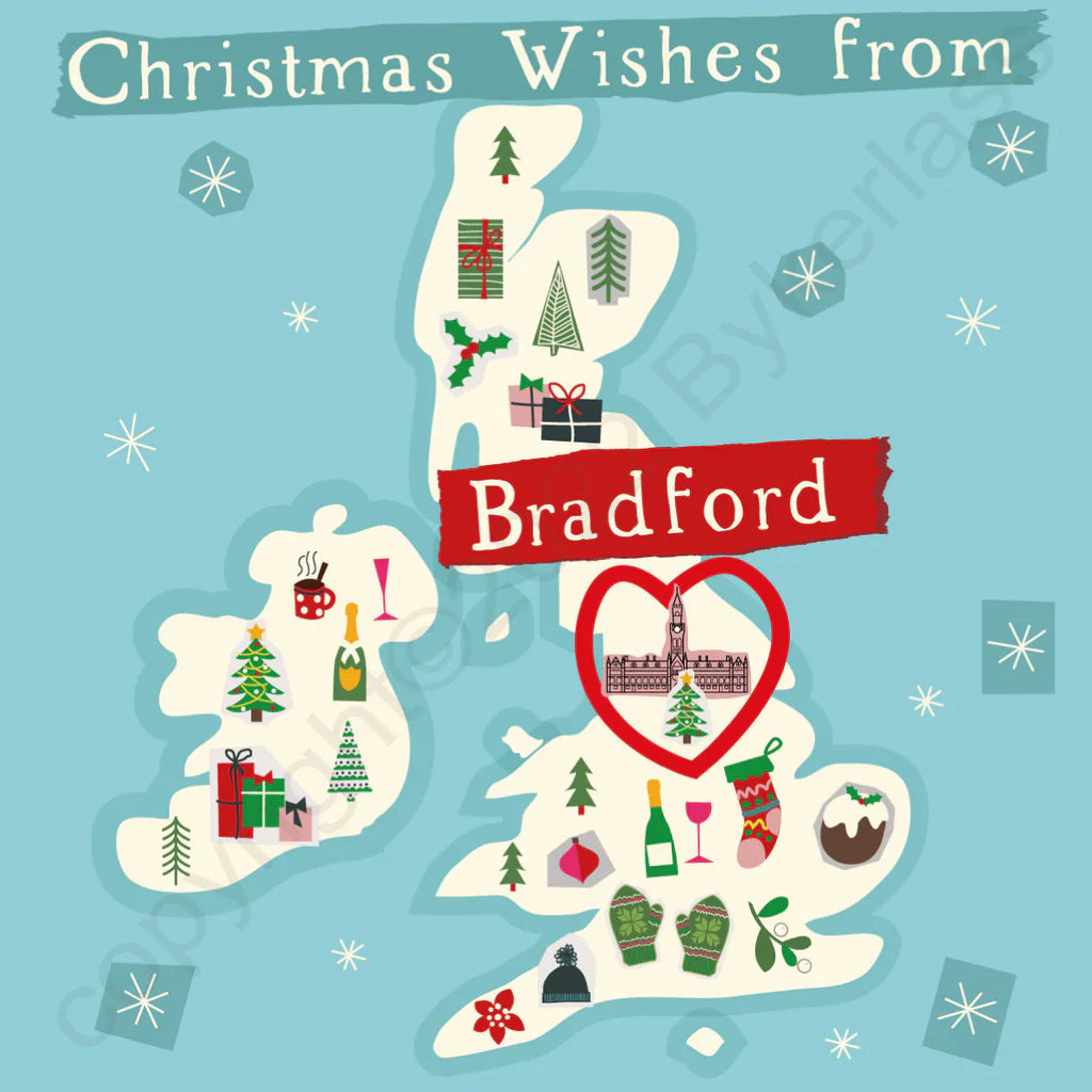 Christmas Wishes from Bradford Illustrated Map Card - The Great Yorkshire Shop