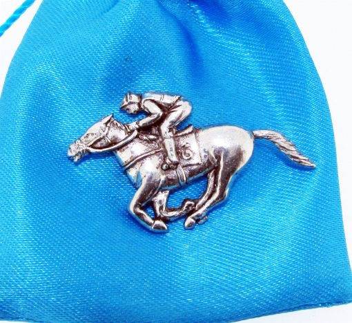Race Horse and Jockey Pewter Pin Badge - The Great Yorkshire Shop