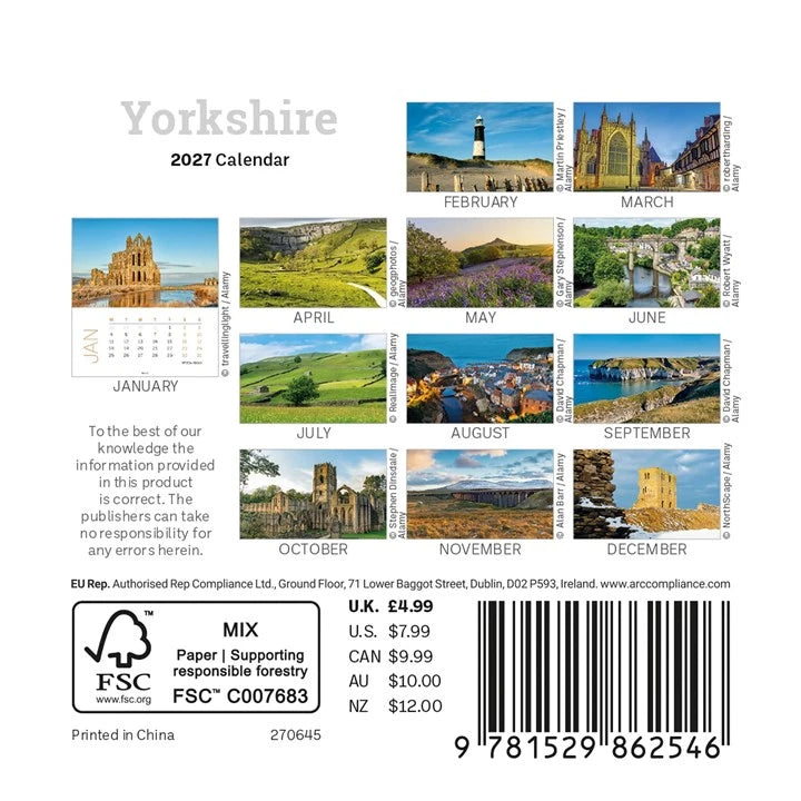 Yorkshire 2027 Mini Easel Calendar