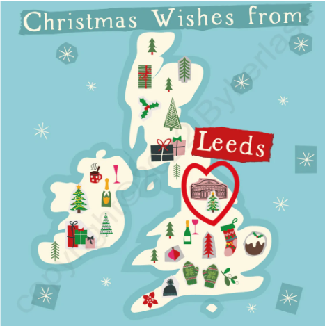 Christmas Wishes from Leeds Illustrated Map Card - The Great Yorkshire Shop