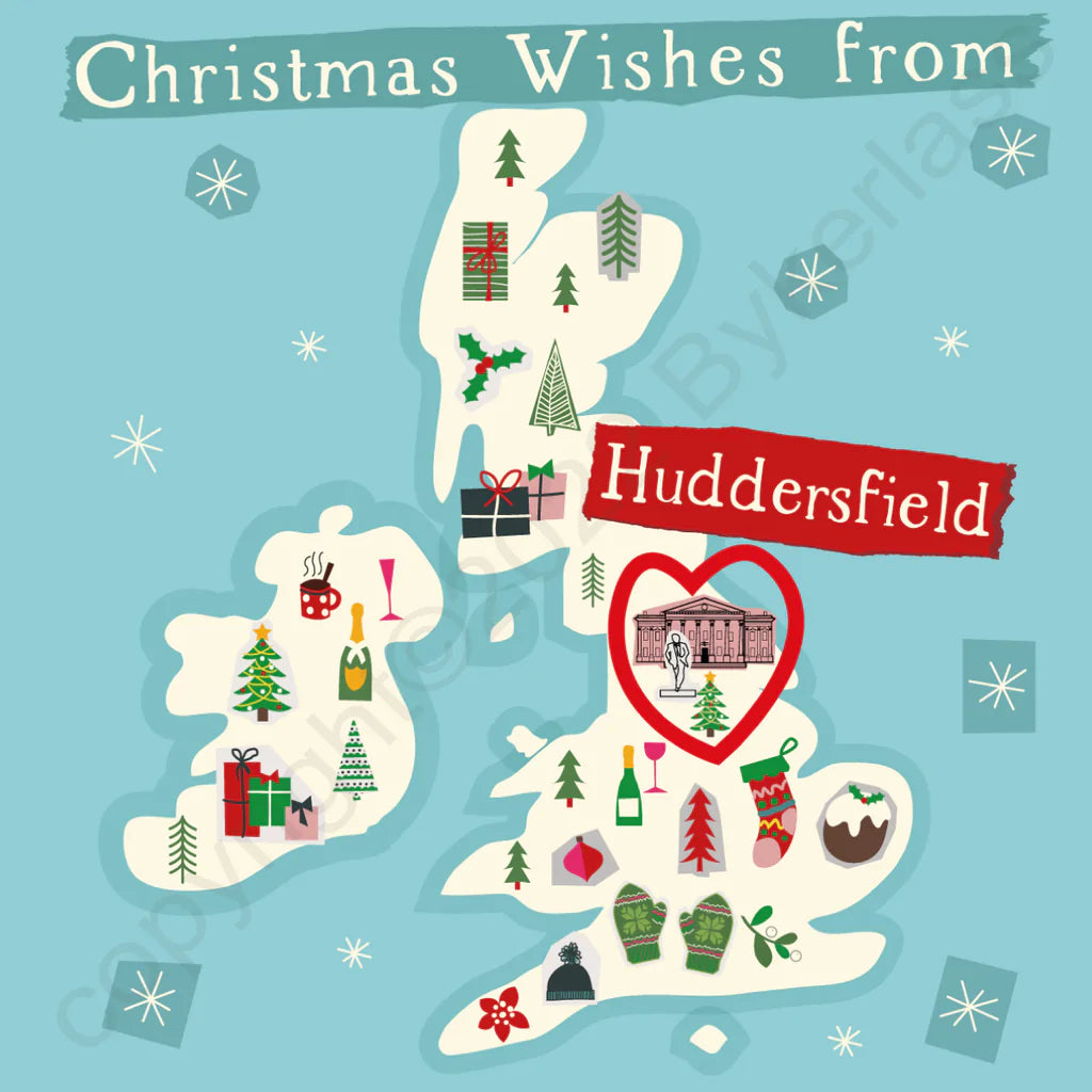 Christmas Wishes from Huddersfield Illustrated Map Card - The Great Yorkshire Shop